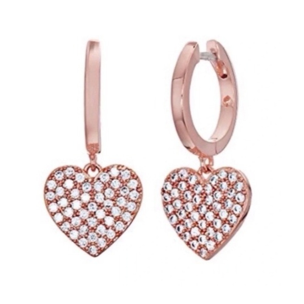 Kate Spade Yours Truly Heart Earrings Rose Gold Crystal Dangle Hoops Romantic